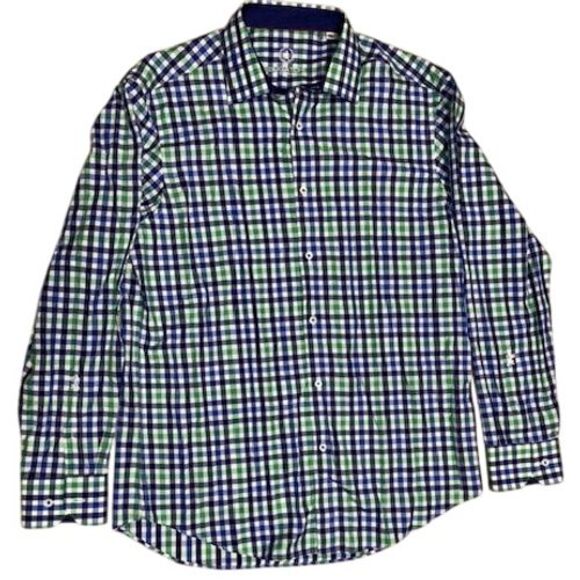 Bugatchi Navy/Green Plaid Button Down Shirt Classic Checkered Long Sleeve - Picture 2 of 6